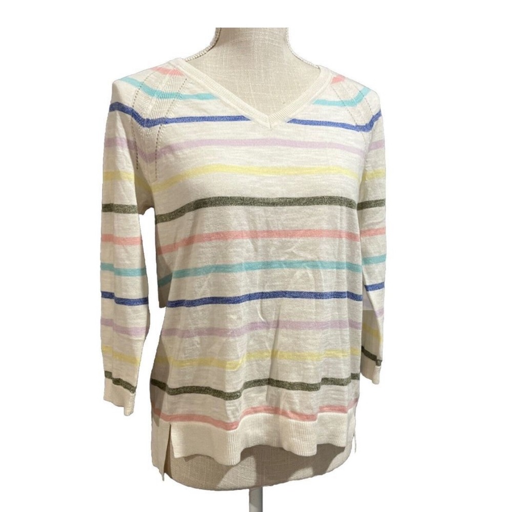 Talbots Pastel Striped Sweater 100% Cotton Lightweight Knit Vneck Girlhoodcore